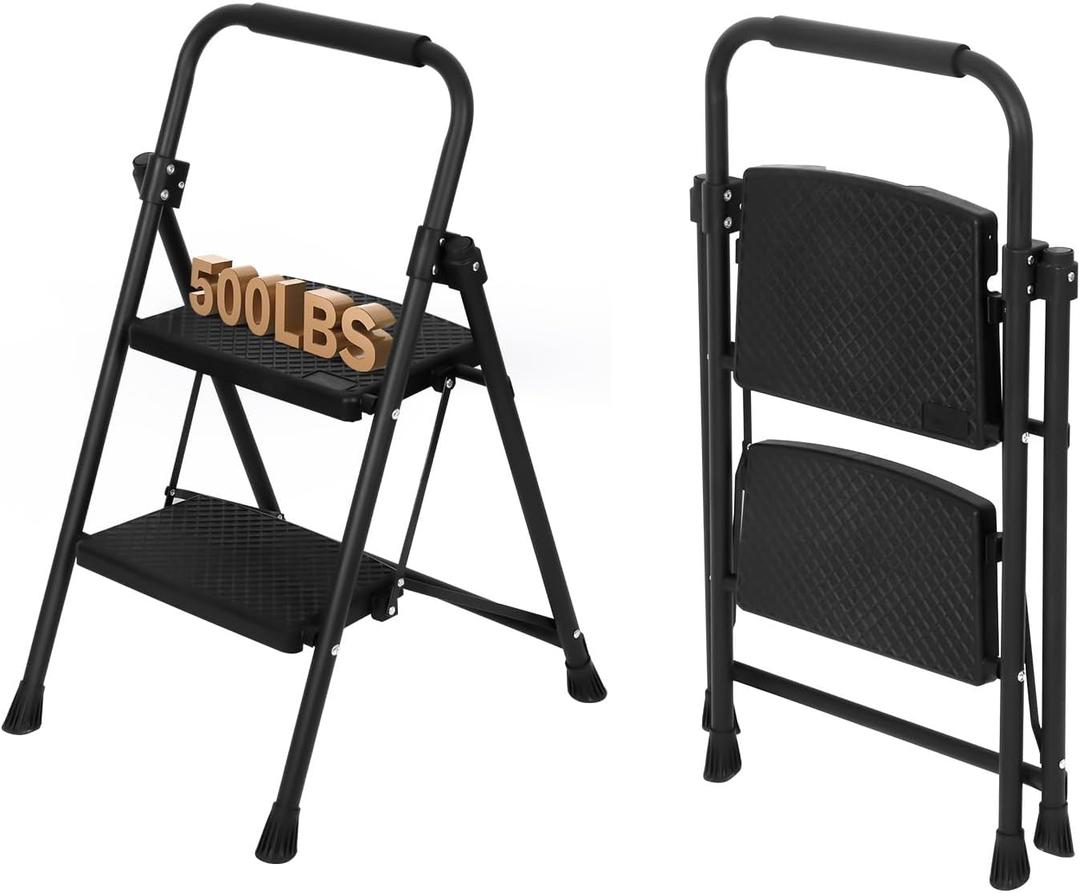 Step Ladder 2 Step Folding Step Stool for Adults 500lbs Capacity Portable Sturdy Steel Step Stool with Anti-Slip Pedals Perfect for Kitchen & Household (2-Step)