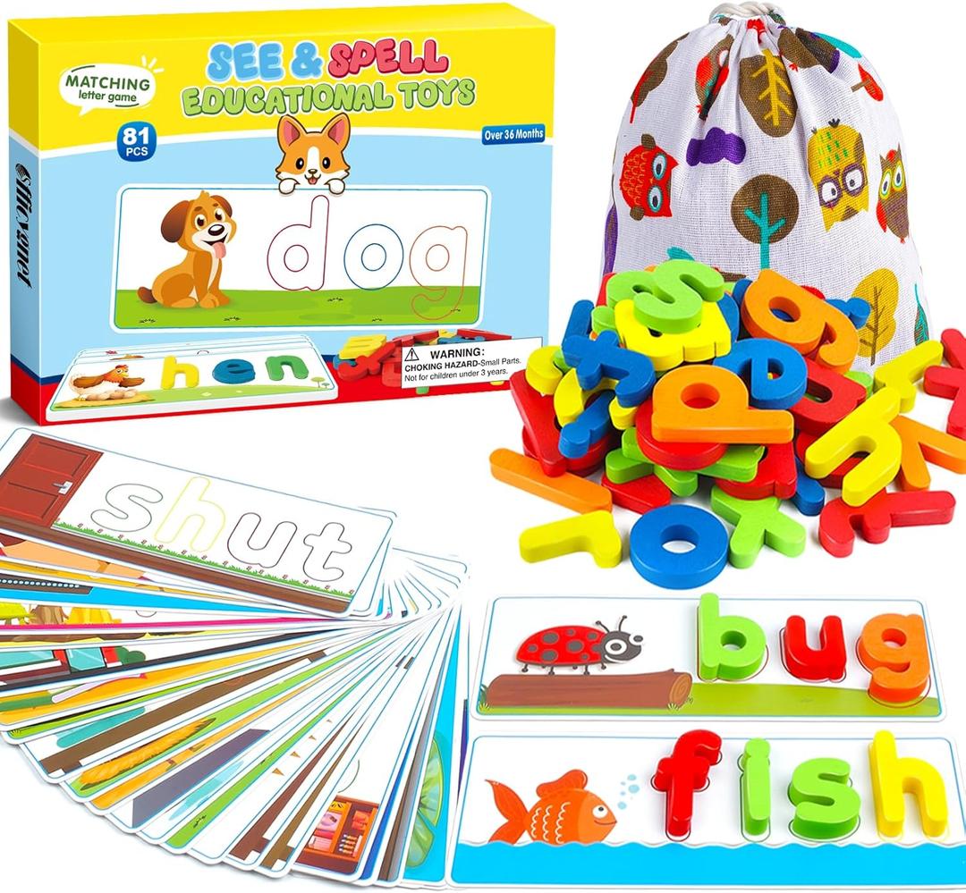 Officygnet Learning Toys for 3 4 5 6 Years Old Boys and Girls, See & Spell CVC Word Builders with Alphabet Cards for Kids Ages 3-5, Matching Letter Game for Preschool Toddler Learning Activities
