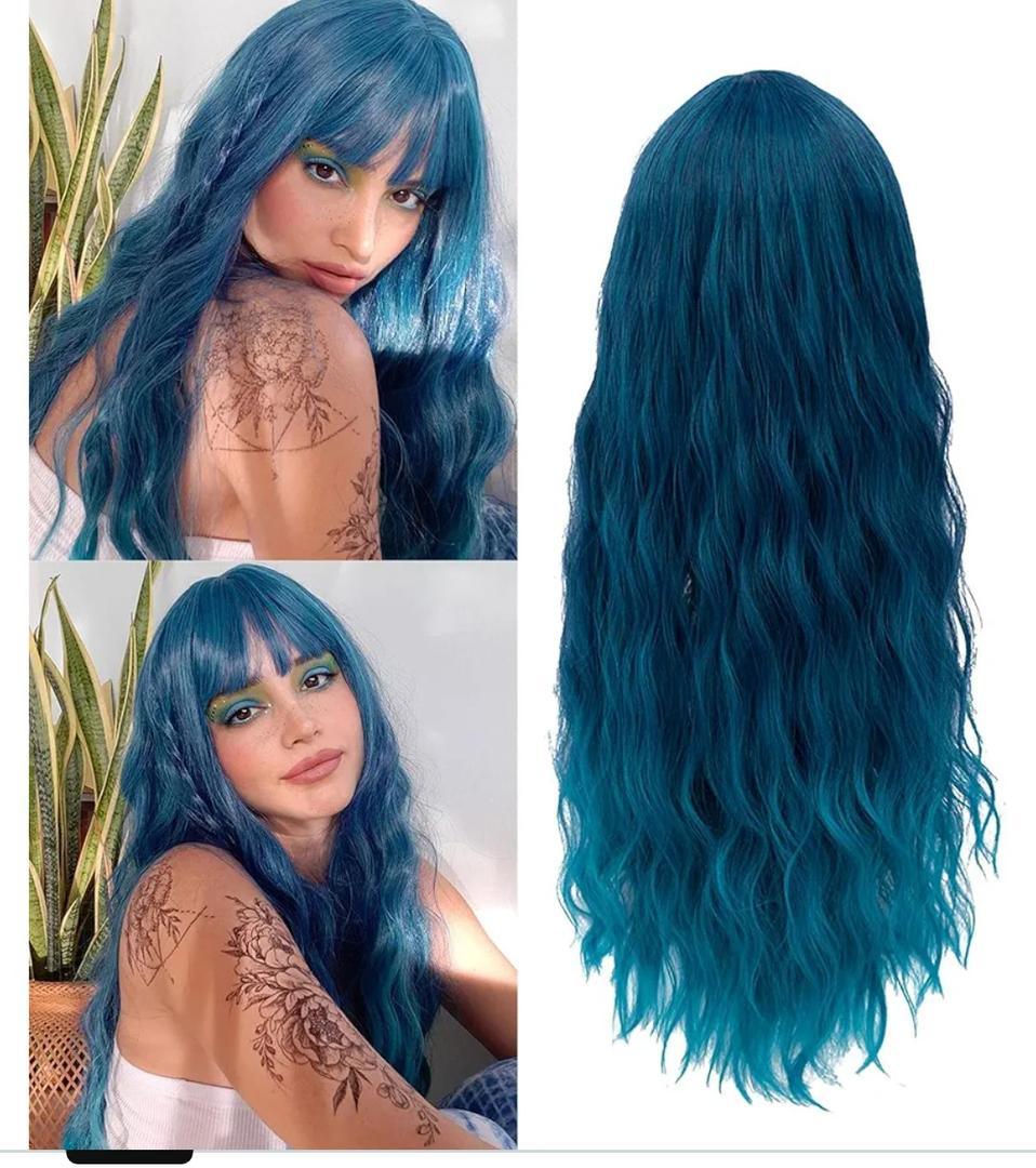 Netgo Teal Wig for Women, Dark Blue Wig with Bangs, Long Fluffy Curly Wavy Blue Hair Wigs Synthetic Daily Cosplay Party Wigs