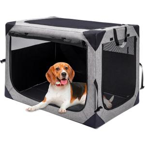 Dog Crates - 36 Inch Collapsible Soft Dog Crate, 3-Door Foldable Soft Kennel for Large Dogs, Portable Pet Travel Cage with Chew Proof Mesh Window for Outdoors (Light Gray)