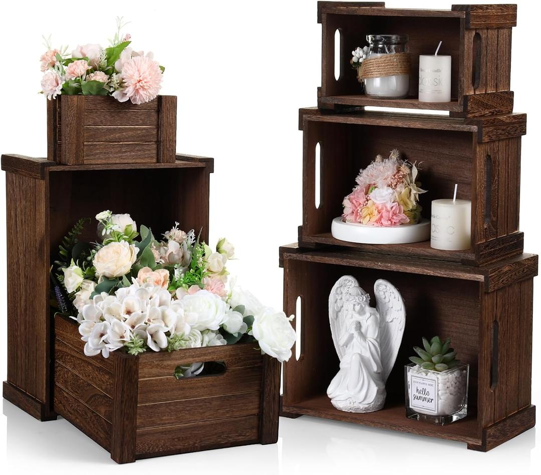AceOrbit 6 Pcs Decorative Wood Crates for Storage Display 6 Size Rustic Nesting Crates with Handle Farmhouse Wooden Container Boxes for Wedding Bride Shower Party Market Farmers Decor(Dark Brown) (Classic Color)