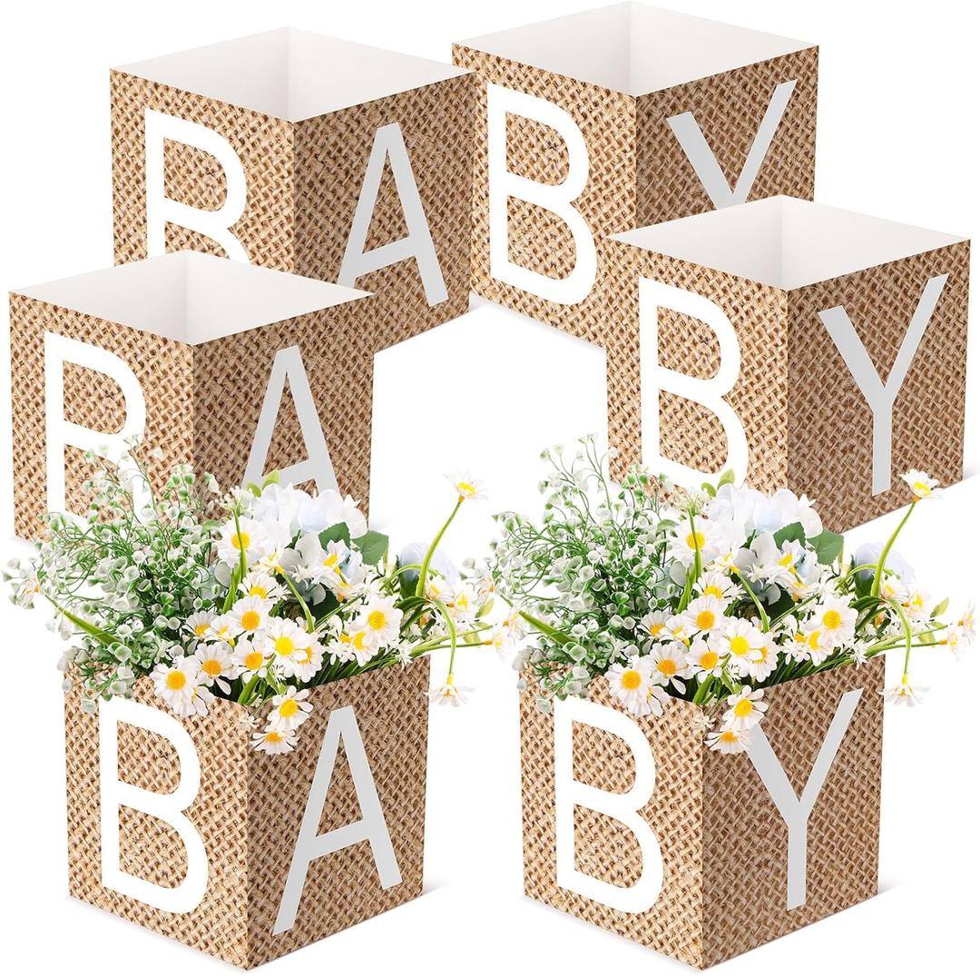6 Pcs Burlap Print Baby Shower Party Decorations Baby Flower Boxes Centerpiece Rustic Burlap Table Display with Letters for Gender Reveal Party Gender Neutral Shower Centerpiece Decor