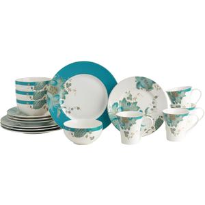 222 Fifth Eliza 16-Piece Teal Porcelain Dinnerware Set  Service for 4, Plate, Bowl & Mug Set, Floral & Peacock Feather Design, for Everyday Dining & Entertainment, Microwave & Dishwasher Safe