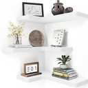 fuqing Corner Floating Shelves, Wall Shelf Set of 3, Shelves for Wall Storage, Solid Wood Shelves for Storage, Wall Mount Wooden Display Shelf for Bathroom Bedroom Kitchen Garage, White (Invisible Bracket, White)