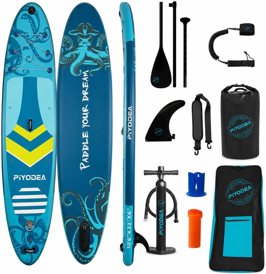 PIYODEA Paddle Board, Inflatable Paddle Board, Blow Up Paddle Board, Super Wide 10'6" Non Slip EVA, Sup Board with Removable Fins, Adjustable Paddle, Pump, Shoulder Strap, Leash, Turquoise