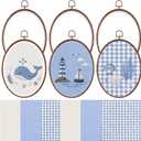 Tudomro 12 Pcs Decorative Embroidery Hoop with Fabric Set 9.3" x 6.8" Oval Imitated Wood Cross Stitch Frame & 11.8" Blue Pre-Cut Embroidery Cloth Squares for Craft Sewing Hanging Ornament
