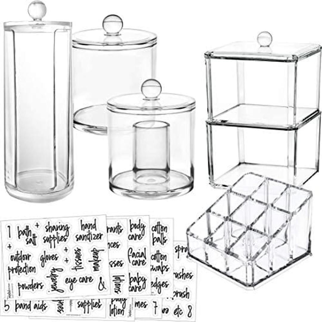 6-Pack Makeup Organizer Acrylic Plastic Containers. Bathroom Beauty Storage Set: 5 Canisters & 107 Printed Labels Organization