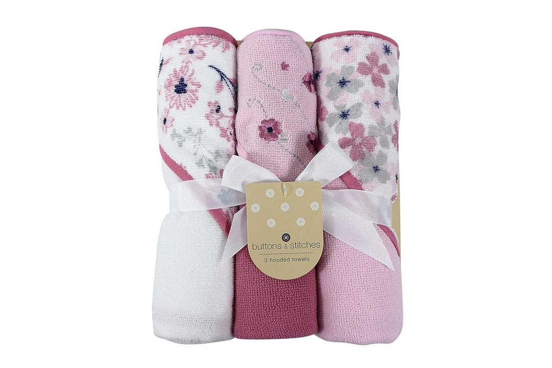 Cudlie Buttons & Stitches Baby Girl 3 Pack Rolled/ Carded Hooded Towels in Crisp Blossom Print (GS71728)