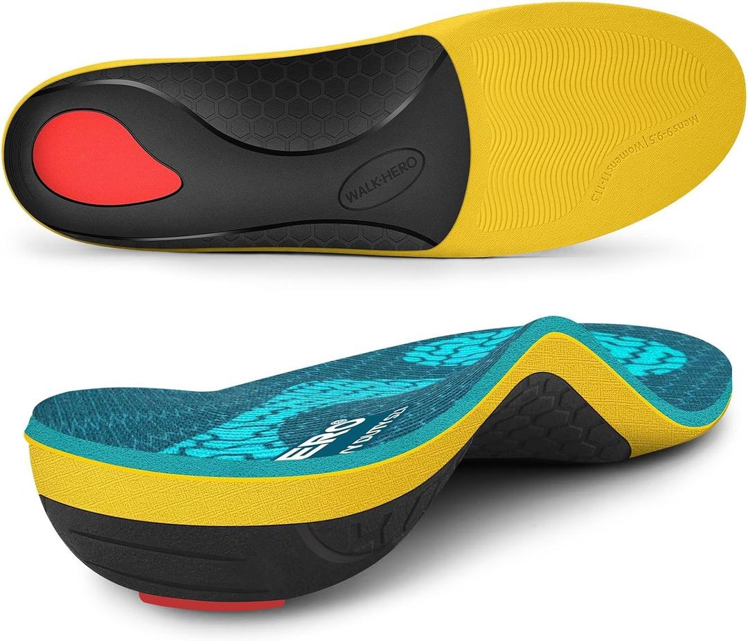 WalkHero Heavy Duty Pain Relief Shoe Inserts, 220+lbs High Arch Support Orthotics Inserts for Plantar Fasciitis, Flat Feet, Heel Pain and Pronation (Mens 9-9.5 | Womens 11-11.5, Coral Green)
