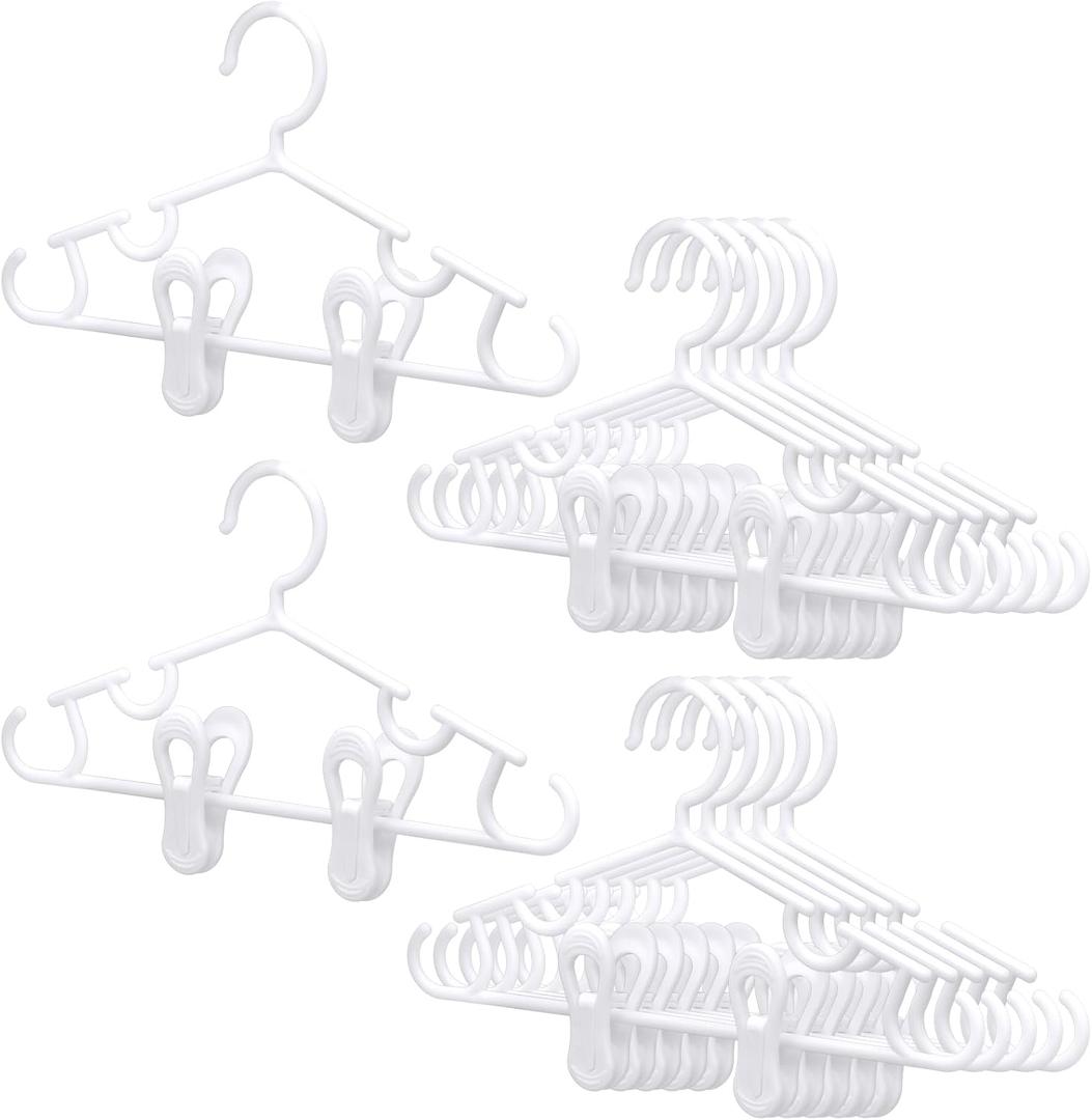 Hsei Nursery Hangers with Clips for Kids Baby Pants Hangers 10/20/40 Newborn Plastic Hanger with 20/40/80 Clip for Closet Toddler Clothes Coat Skirts Socks, White,30 Packs