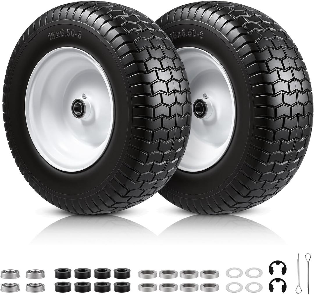 16x6.50-8 Flat Free Riding Lawn Mower Tire and Wheel, 16x6.5-8nhs Garden Tractor Lawnmower Tyre, with 3/4" Bushings & 5/8" Bearings, 3" Centered Hub, 2 Pack