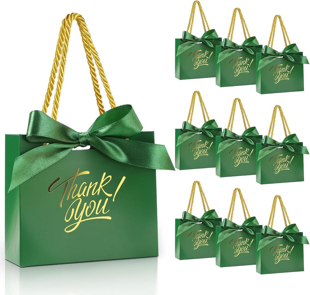 EQOREIIN 30 Pack Small Thank You Gift Bags with Handles 5.5 x 2.4 x 4.7 Inches Mini Green Gift Bags with Bow Ribbon Tiny Party Favor Bag Bulk for Easter Mother's Day Baby Shower Wedding (Green)