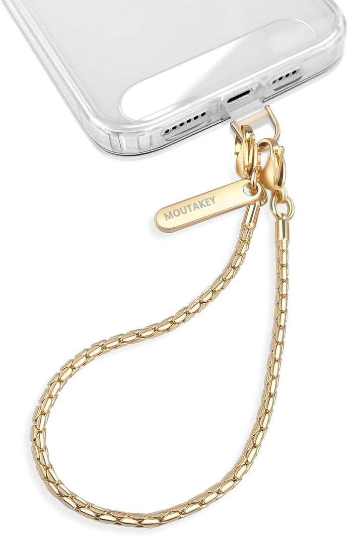 MOUTAKEY Phone Wrist Strap Metal Phone Chain Wristlet Strap Detachable iPhone Lanyard Wrist with 2 Tether Tabs iPhone Charm strap For Women girls Shopping Traveling Party Walking (Short, Gold)