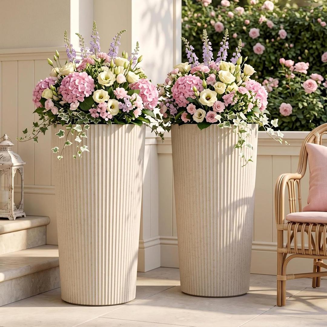 24" Tall Planters for Outdoor Plants with Insert, Set of 2 Cream, 13 W"*9.4 W"*23.6" H
