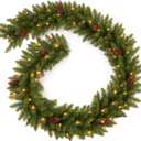 AMERZEST 9Ft Pre-Lit Christmas Garland, Plug in, Green, 50 Clear Lights, Fireplace Stairs Mantle Door Indoor Outdoor, Decorated with Pine Cones