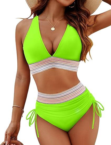 Blooming Jelly Women High Waisted Bikini Sets Tummy Control Swimsuits Color Block Two Piece Drawstring Bathing Suit 2XL, Neon Green