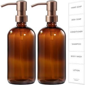 GMISUN Amber Glass Soap Dispenser, 2 Pack Bathroom Hand Soap Dispensers with Rose Gold Pump, 17 Fl Oz Kitchen Hand and Dish Soap Dispenser Set, Modern Vintage Liquid Brown Soap Dispensers Bottle