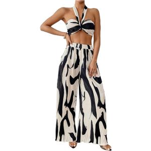 OYOANGLE Women's 2 Piece Vacation Outfits Graphic Print Knitted Crop Halter Top and Wide Leg Pants Set (Black, S)