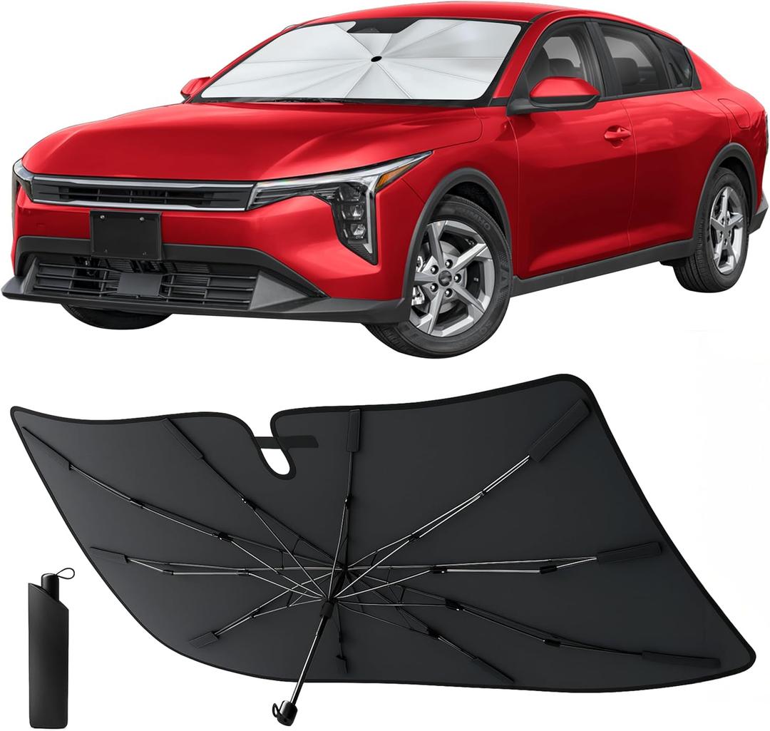 Econour Windshield Sun Shade Umbrella for Car | Medium Foldable Car Sunshade | UV & Heat Protection Front Window Sun Shield, Keeps Interior Cool, Fits Sedans SUVs & Trucks (57 x 33)