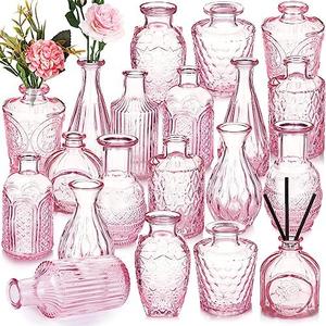 Inbagi 20 Pcs Glass Bud Vase Set - Pink Small Flower Vases Bulk, Vintage Embossed Decorative Bottles for Wedding Valentine Home Table Centerpieces Decor