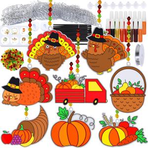 Winlyn 24 Sets Thanksgiving Suncatchers Ornaments Decorations DIY Window Paint Art Suncatchers Craft Kits Turkey Pumpkin Sun Catchers for Kids Classroom Activity Autumn Harvest Party Art Project