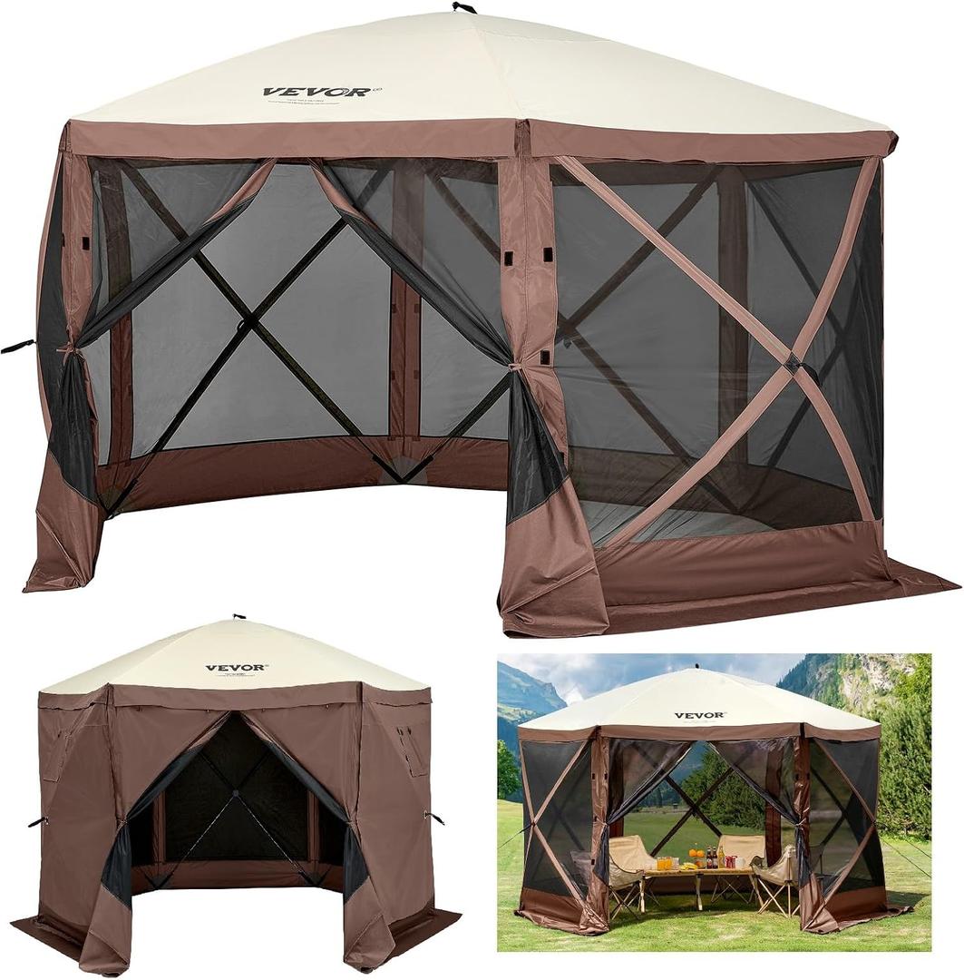 VEVOR Pop Up Gazebo Screen Tent, Pop-Up Instant Gazebo Tents with Mosquito Netting Outdoor Canopy, 6 Sided Sun Shelter 10x10ft with 6 Removable Wind Cloths & 2 Mesh Windows, Pavilion Tent for Patio, Brown