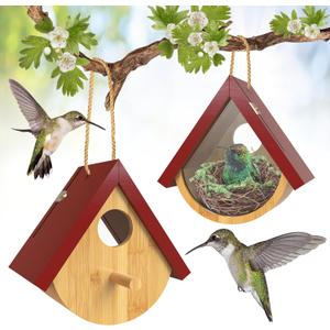 2 Pack Hummingbird House, Window View Wooden Bird Houses for Outside Hummingbird Houses for Nesting, Hanging Chickadee House for Indoor Outdoor with Hemp Ropes