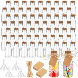 Roshtia 4oz Plastic Mini Potion Bottles with Cork Lids Small Clear Favor Jars Sand Art Bottles Tiny Jars with Twine and Tags for Wedding Birthday Baby Shower Party Candy DIY Crafts Gifts(72 Pcs)