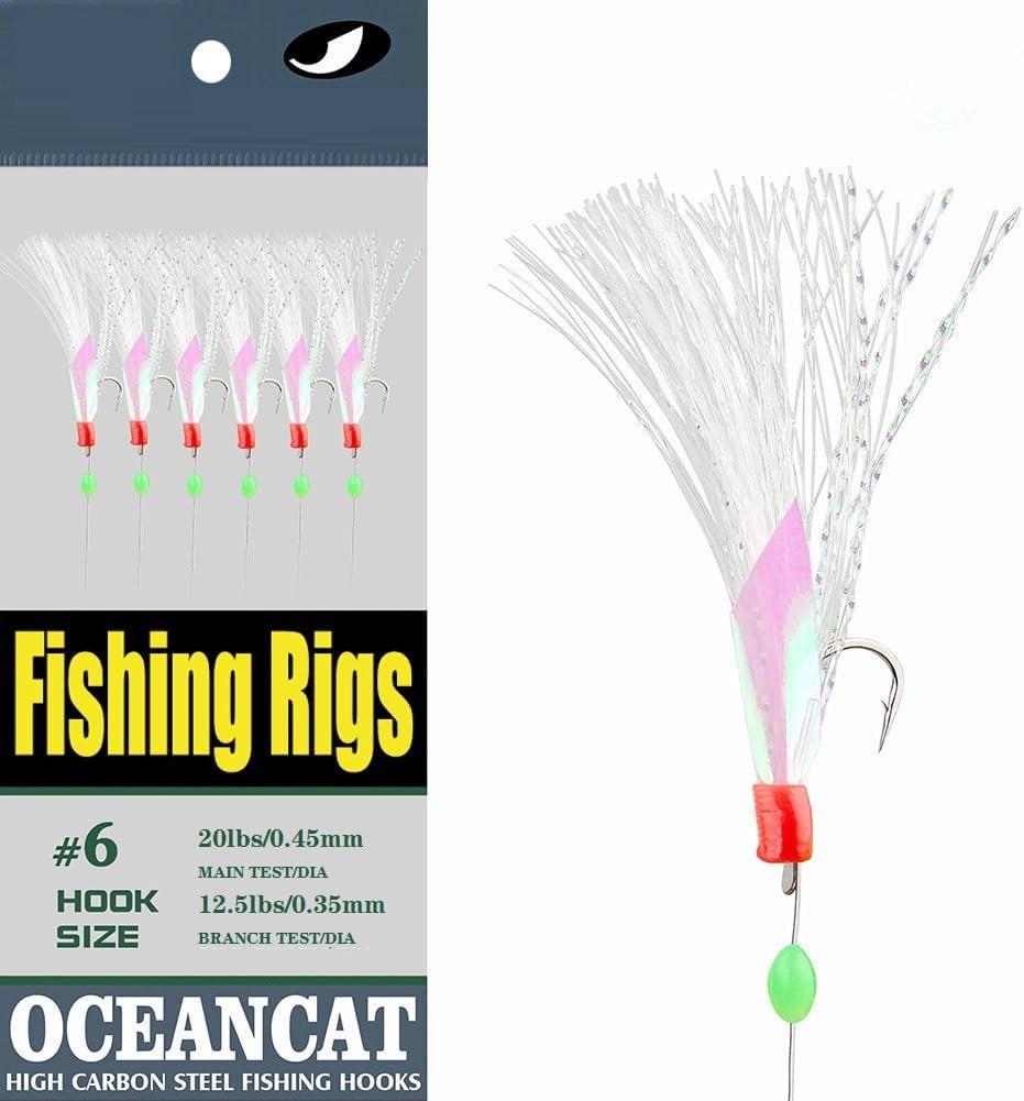 OCEAN CAT 6 Hooks/Pack Fishing Rigs Freshwater Saltwater Rainbow Soft Rubber Skin Colorful Silks Feather Rigs with Carbon Steel String Hooks Glow Beads Fishing Lures Baits Tackle (8#)
