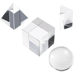 4 Pack K9 Optical Crystal Photography Prism Set, Include 50mm Crystal Ball, 50mm Crystal Cube, 50mm Triangular Prism, 50mm Optical Pyramid with Wiper Cloth and Box, Photography Accessory for Teaching