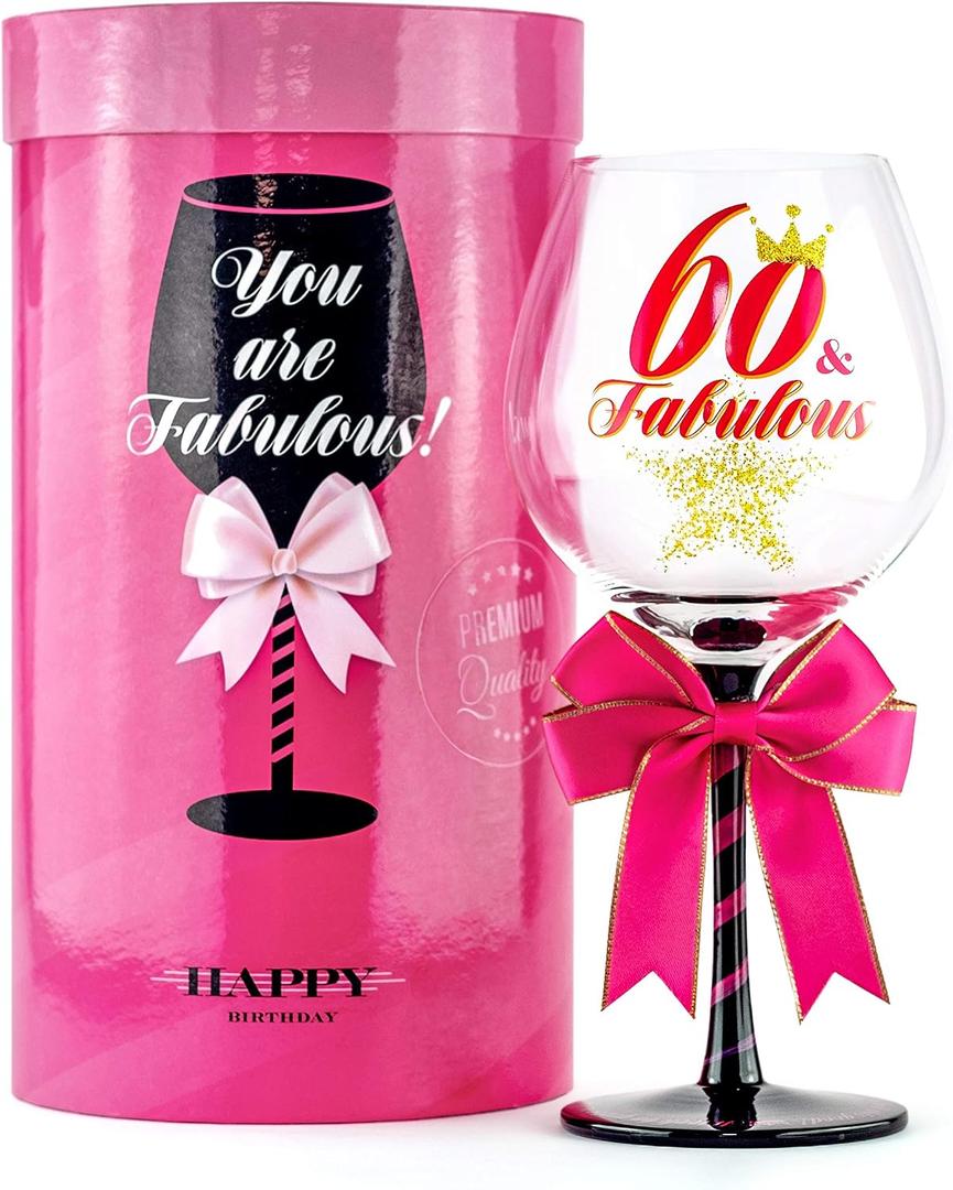 60 and Fabulous Birthday Wine Glass for Women | Fun Gift for Woman Turning Sixty Years Old | Best Friend, Sister, Grandma, Cousin, Co-Worker | Big 23 oz, 8.8 Inch Tall Wine Glass