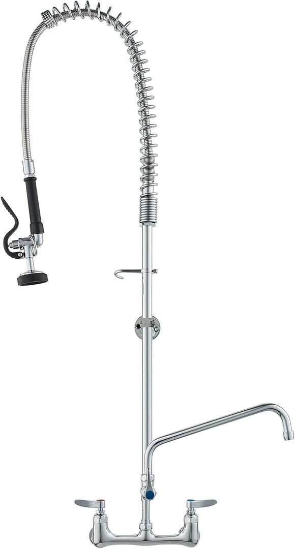 VEVOR Wall-Mounted Kitchen Faucet, 47" Tall, 8" Apart, with 12" Rotating Spout and Pre-Rinse Spray, Brass Constructed, Pull-Down Feature, Suitable for Multi-Compartment Sinks