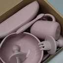 LITTLE RAWR Silicone Baby Feeding Set 14 Pcs, Baby Led Weaning Supplies, Baby Spoons Suction Bowl Divided Plate Bib Cup Finger Brush, First Stage Solid Food Eating Utensils - 6+ Months(Light Pink)