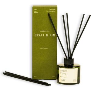Craft & Kin Amber Moss Reed Diffuser | All Natural Essential Oil & Rattan Scent Sticks | Fall Reed Diffusers for Home, Bathroom | Long Lasting Home Fragrance in Green Glass, 3.4oz
