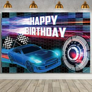 MEHOFOND 7x5ft Car Racing Happy Birthday Backdrop, Blue Racing Party Photo Background for Boys, Cars Party Decor