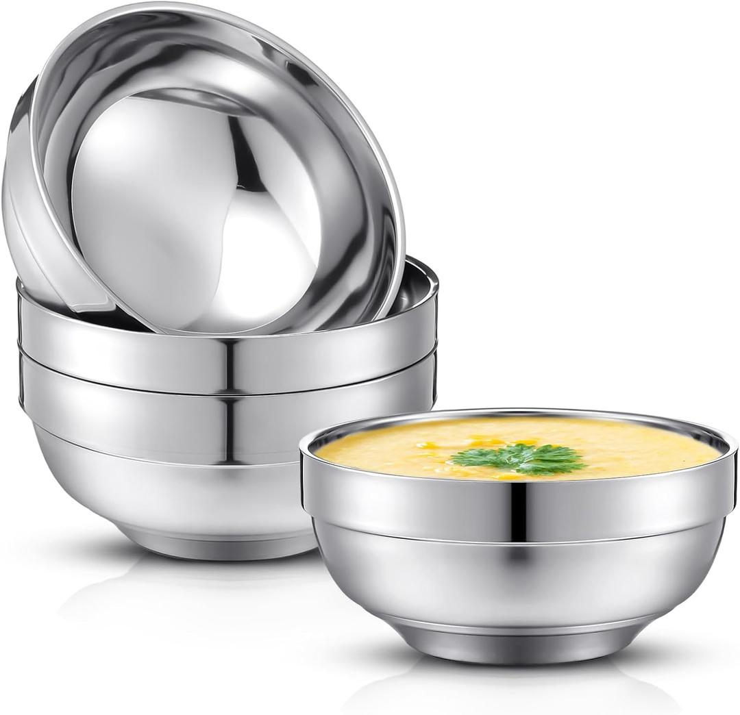 4 Pack 24 Oz stainless Steel Bowls Double Walled Insulated Soup Ice Cream Metal Mixing Nesting Bowls for Serving Soup Rice Cereal