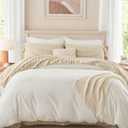 PURE ERA Twin Sheet Set 100% Washed Cotton Gingham Sheets Twin Size Bed Set Linen Feel Soft Breathable Durable,15" Deep Pocket 4Pc Checked Beige Bedsheet