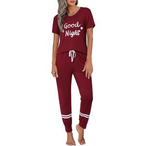Ekouaer Womens Pajamas Set 2 Piece Lounge Pj Set Short Sleeve Sleepwear Tops with Joggers Pants Loungewear Print Nightwear (Medium, Wine Red)