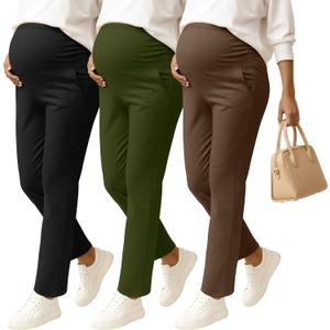 3 Pack Women's Maternity Pants Pregnancy Leggings Over The Belly Wide Waist Pant Pocket Ruched Work Casual Trouser (Army Green, Coffee, Black, Large)
