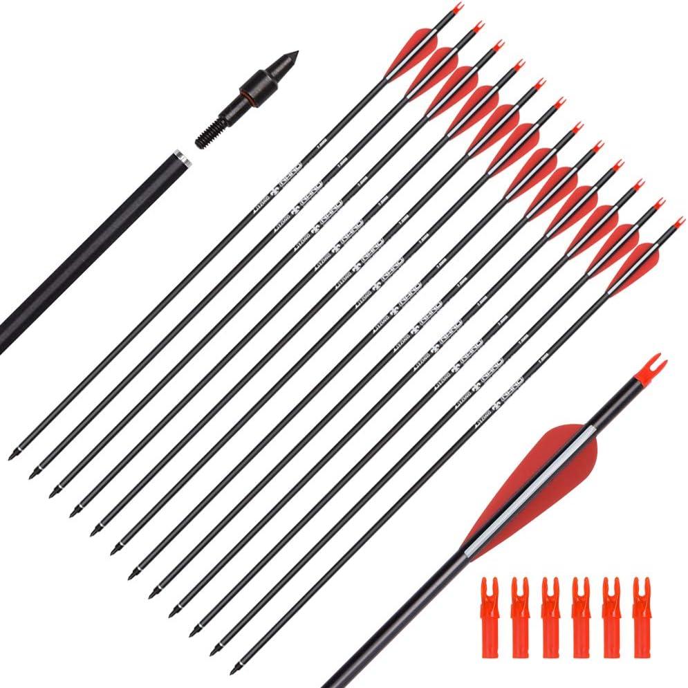 Carbon Arrow Hunting Target Practice Arrows 26 28 30 Inch with Removable Tips for Compound & Recurve Bow Spine 500 6/12PCS