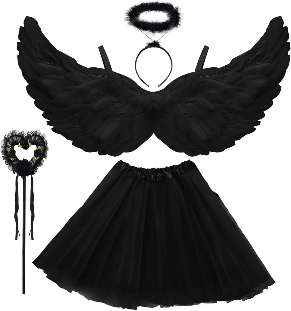 WILDPARTY Angel Costume Accessories for Women, Tulle Tutu Skirt, Angel Wings and Halo Wings and Halo Black Angel Costume for Women Photo Shoot Prop, Halloween Costume
