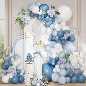 Dusty Blue Balloon Arch Kit, 113 pcs Haze Blue Sand White Balloon Arch Garland Kit Include Light Blue White Clear Balloons for Birthday Wedding Baby Shower Gender Reveal Bridal Party Decorations