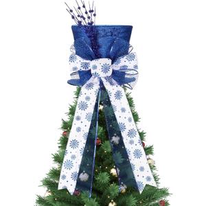 Poen Christmas Tree Topper Hat Shiny Sequins Top Hat with Bow Lengthened Ribbon Tree Topper Santa Christmas Decorations for Xmas Gift Ideas Holiday Winter Party Ornament Supplies(Royal Blue)