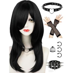 Half and Half Emo Costume Scene Wig Set Black Cosplay Anime Wig with Side Part Bangs 21.6'' Synthetic Hair for Women Halloween Party