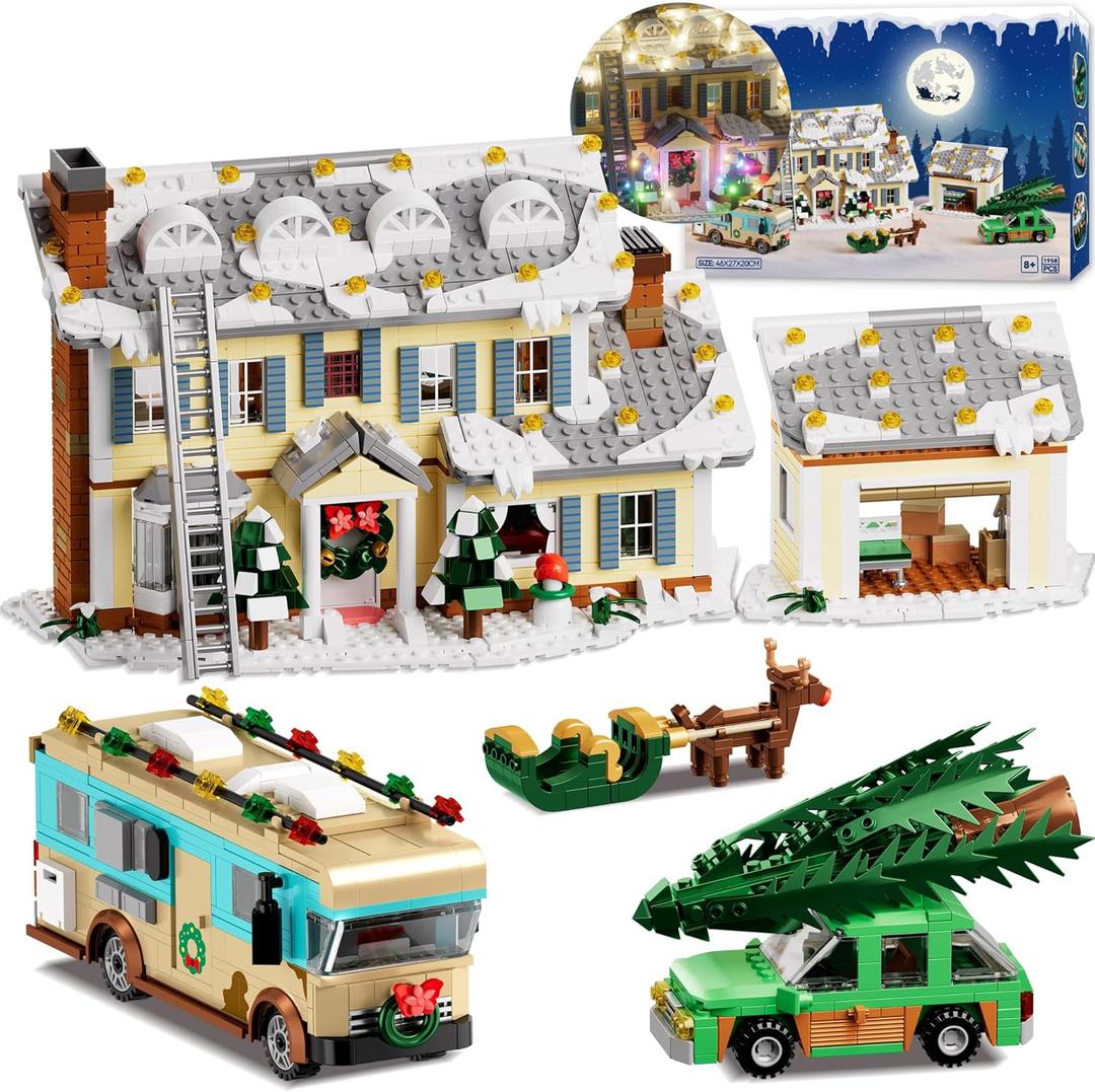 Christmas Holiday House Building Set, 5 in 1 Model Buildings Kits Snow Village & RV Toy Building Blocks Sets with LED, Xmas Decor Toys Gifts for Kids Girls Boys Ages 8+ Adults (1958PCS)