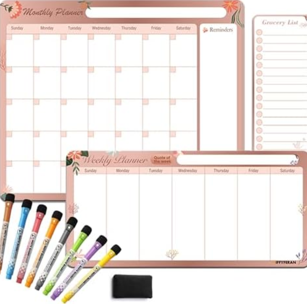 Magnetic Calendar for Fridge – Family Command Center with Monthly, Weekly & Grocery Boards – Dry Erase Whiteboard Set with 8 Markers & Eraser – Organize Meals, Chores & Schedules