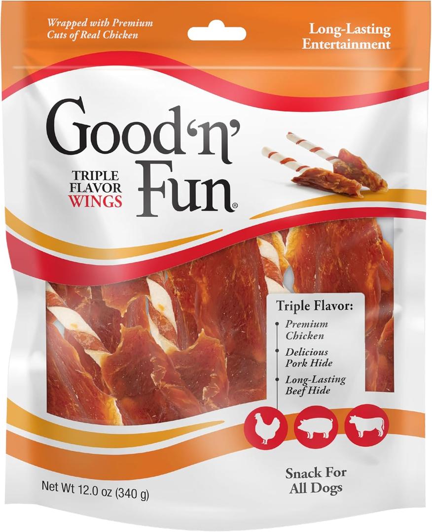 Good n Fun Triple Flavor Wings Chews for All Dogs, 12 Ounces, Treat Your Dog to Long-Lasting Chews Made from Chicken, Pork Hide and Beef Hide (EXP 07/23/27)