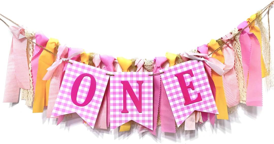 One Highchair Banner - 1st Birthday Decorations, First Bday Girl Pink Happy Birthday Banner Party Decorations for First Birthday, Best Princess Photo Props for Baby Girl