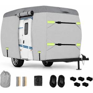 Fiberglass Travel Trailer Cover, Upgraded 7 Layers Top Fits 13 to 16 Feet Trailers, Waterproof Camper Cover, RV Cover with Extra Windproof Ropes, Adhesive Repair Patche