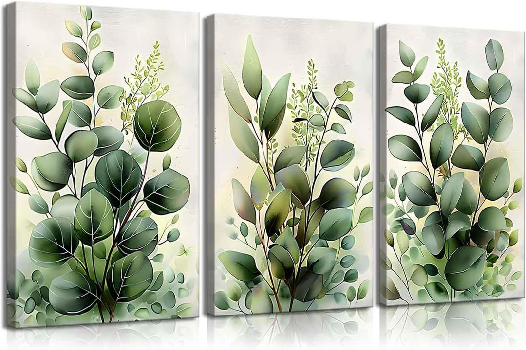 3 Pcs Green Plant Leaves Wall Art Eucalyptus Flower Canvas Wall Decor Pictures Farmhouse Vintage Country Botanical Posters Prints for office Bathroom Bedroom Decoration